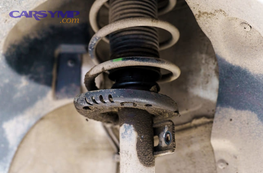 Front strut/shock area showing potential leak points for suspension inspection