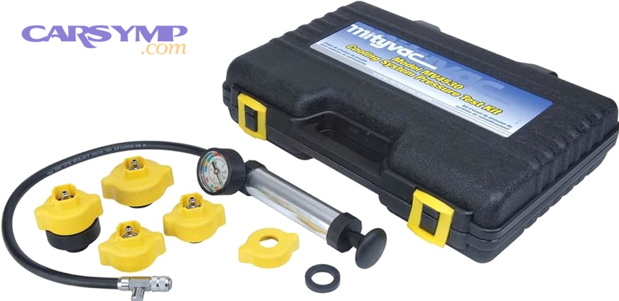 Cooling system pressure test kit used to pressurize radiator or reservoir to locate leaks