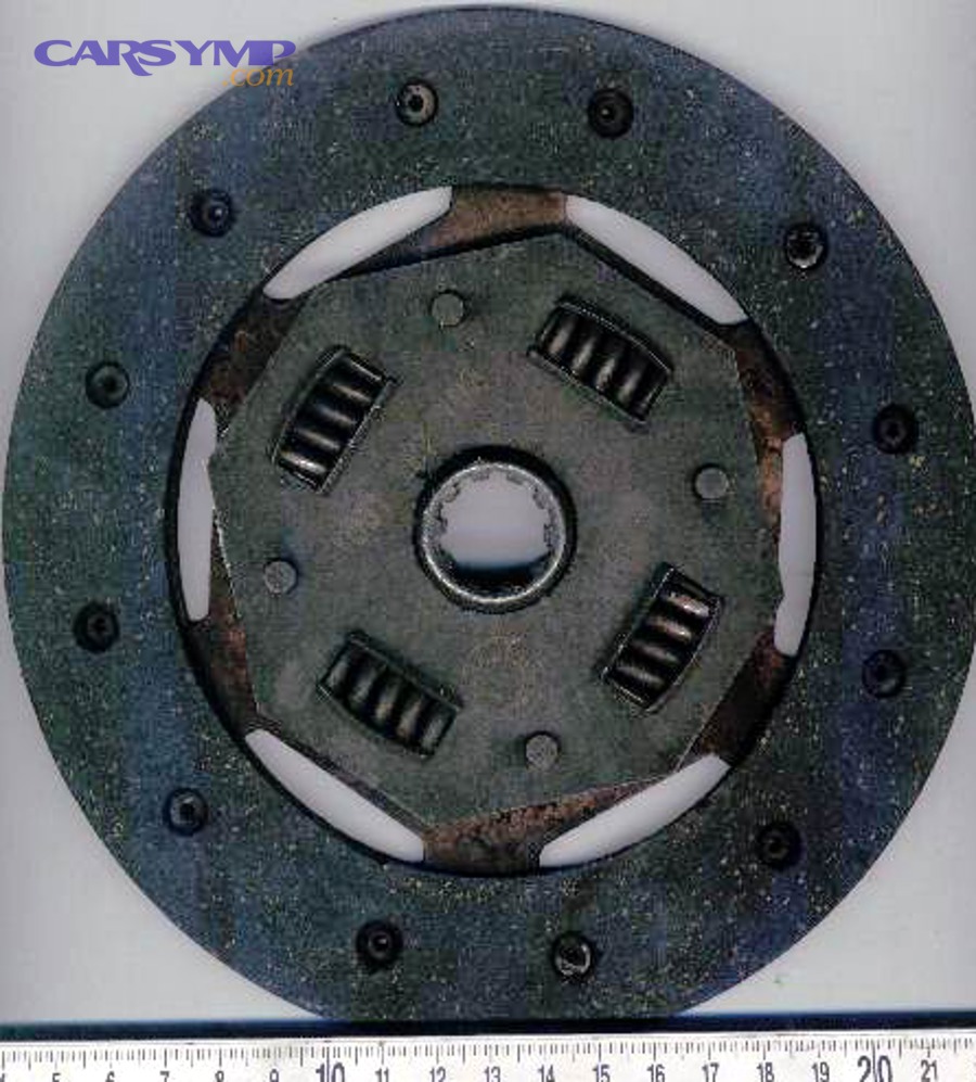 Clutch disc showing friction lining, hub, and springs