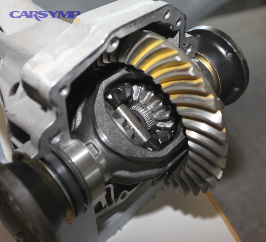 Cutaway view of an automotive differential showing ring and pinion gears