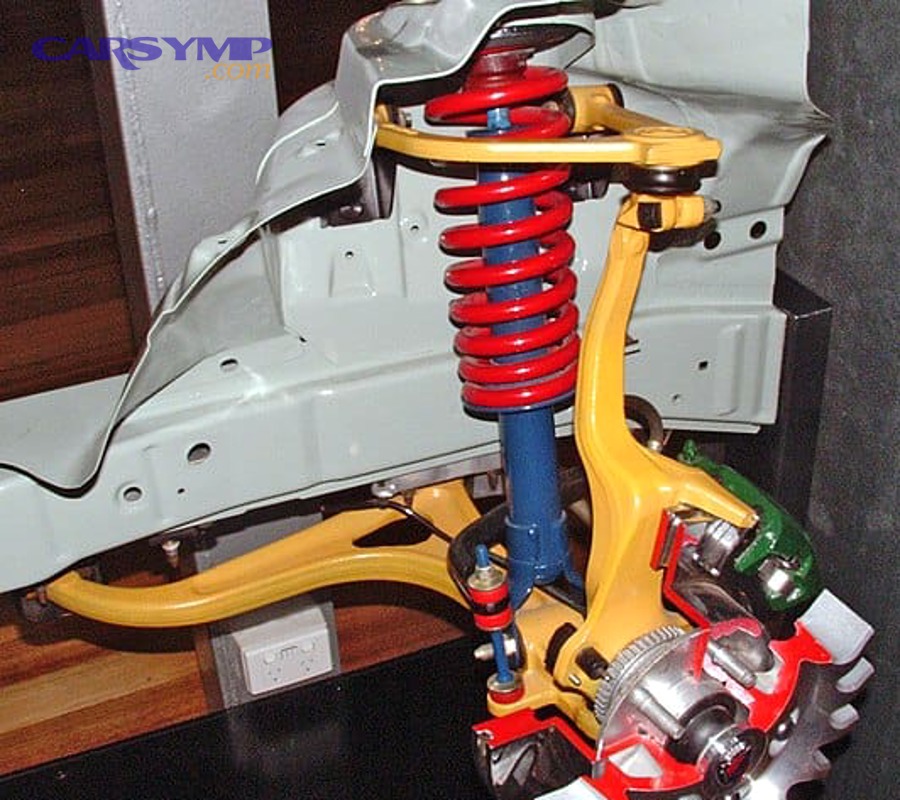 Double wishbone suspension assembly showing control arms and damper placement