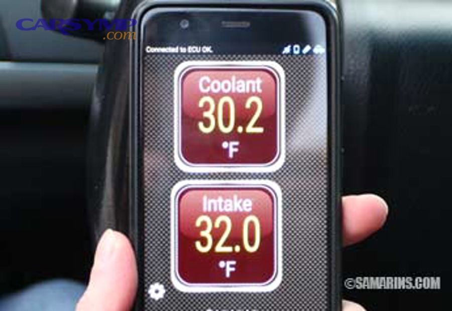 Scan tool comparison showing coolant temperature and intake air temperature readings at cold start