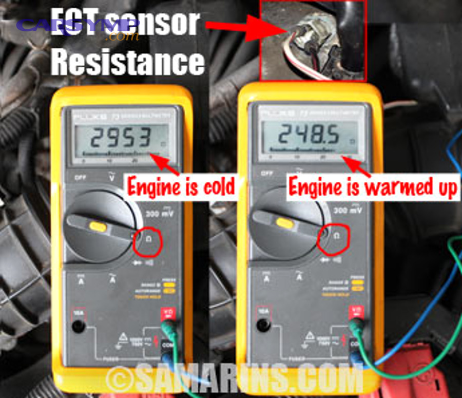 Multimeter readings showing ECT sensor resistance higher when cold and lower when warm