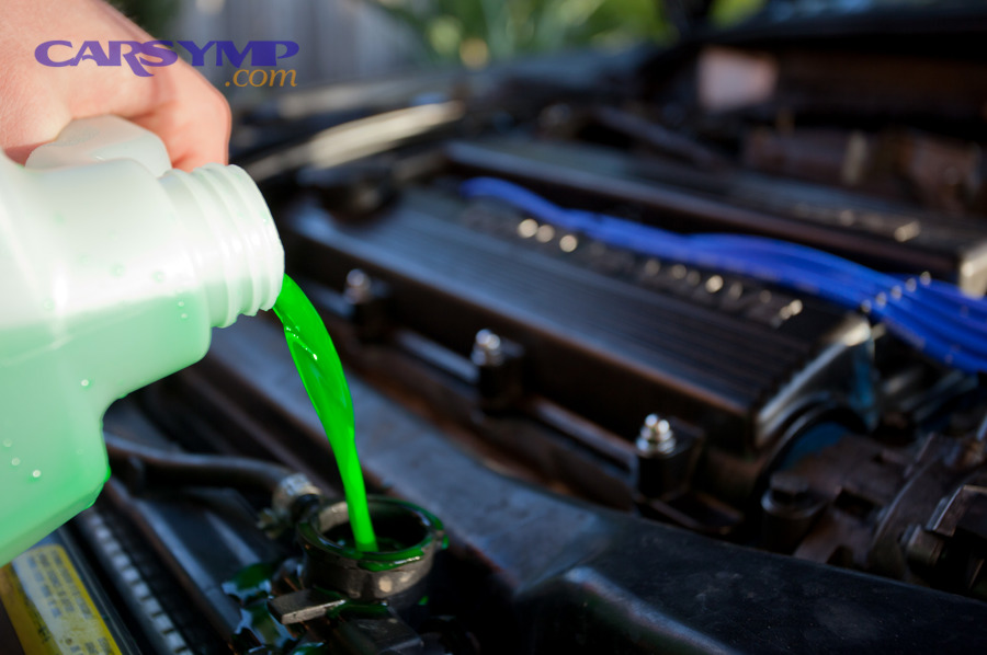 Pouring engine coolant into a car radiator