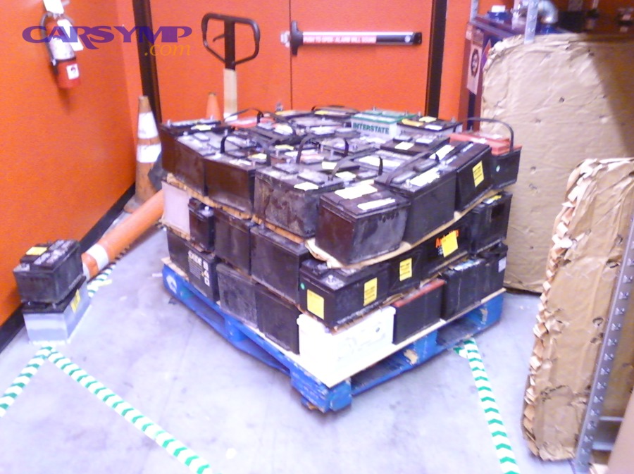 Pallet of scrap lead-acid automotive batteries (wide view)