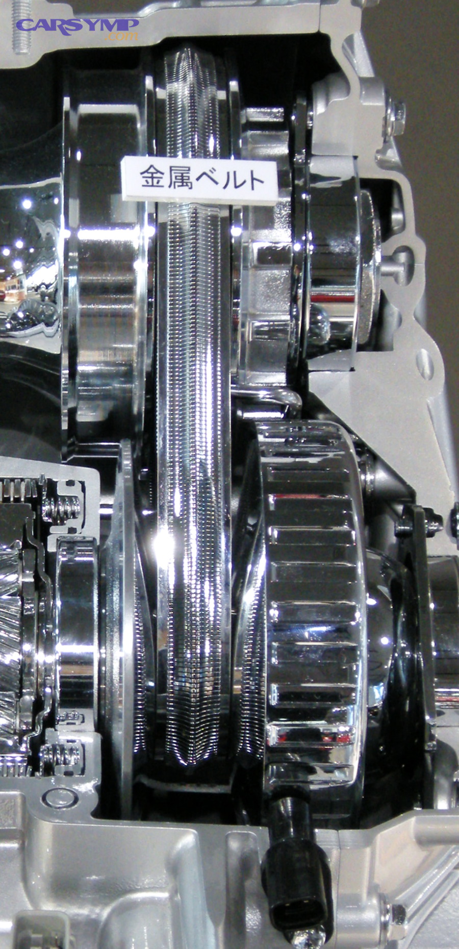 Cutaway photo of a Toyota CVT showing internal components