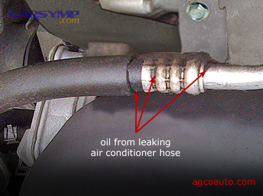 What are common AC leak points on hybrids and EVs with electric compressors?