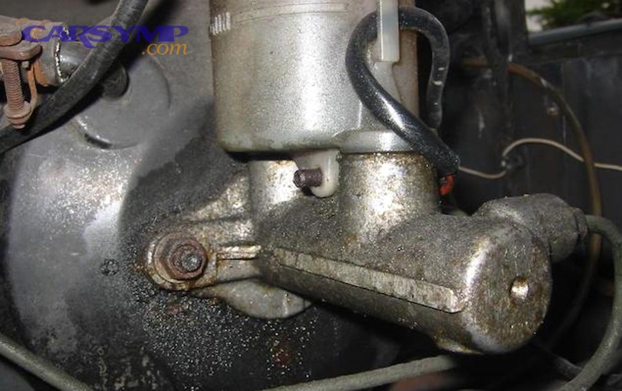 How can you spot an external leak around the master cylinder and booster?