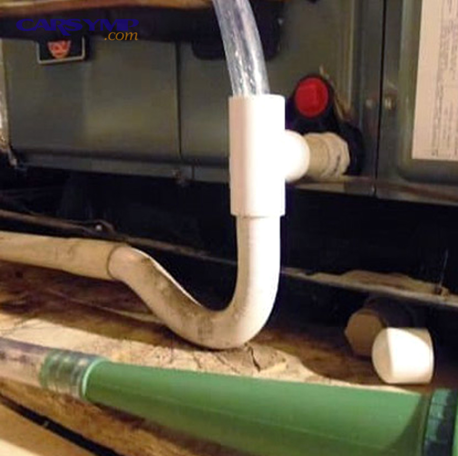 How do you flush and disinfect the HVAC drain area without damaging parts?