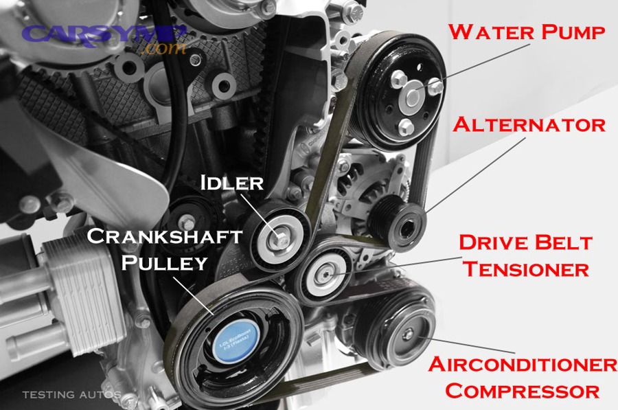 How do you inspect belt wear and tensioner health correctly with the belt off?