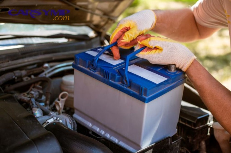 How do you install the new battery correctly and secure it?