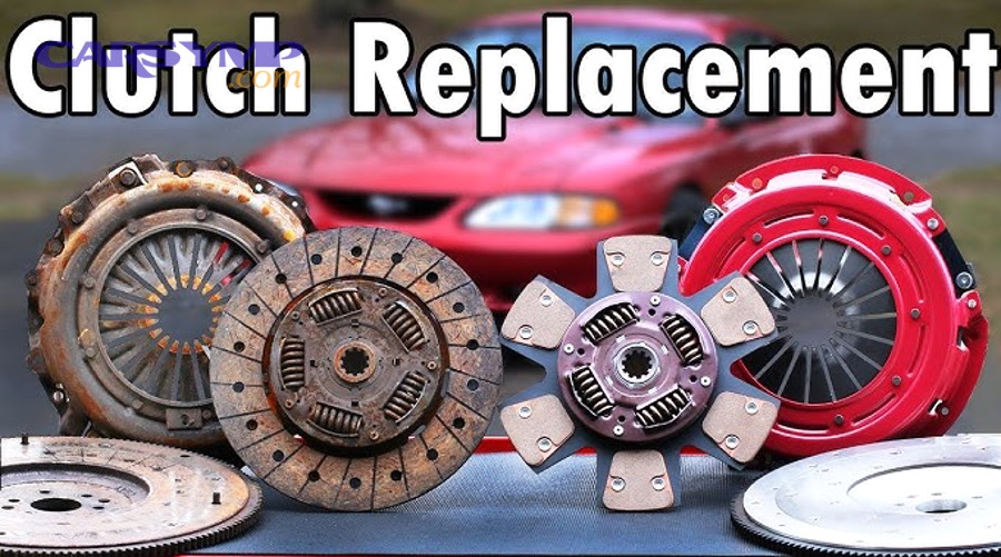 Labeled clutch assembly diagram showing flywheel, clutch disc, and pressure plate