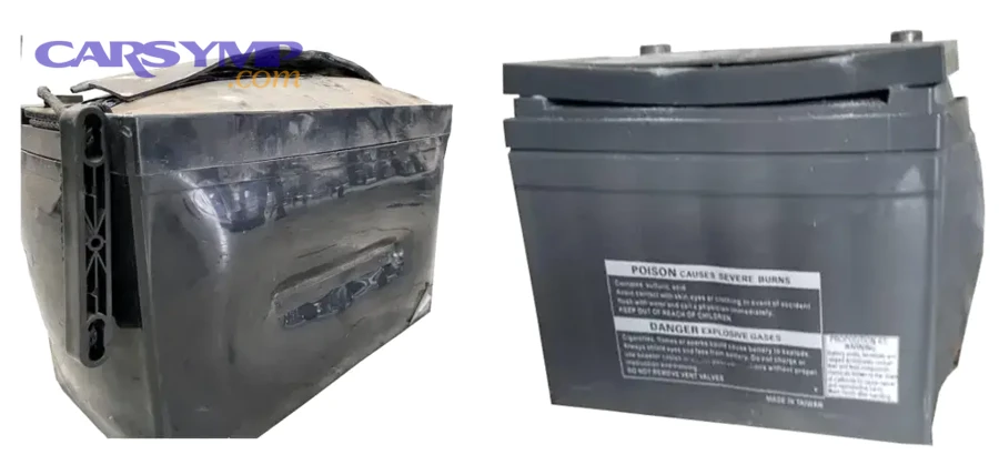 When is a swollen or leaking battery case an emergency?