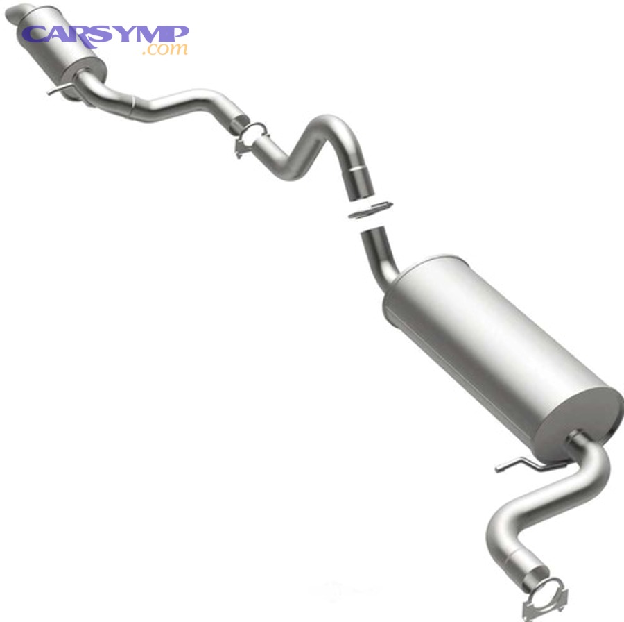 automotive mechanic installing exhaust resonator on vehicle lift showing welding equipment