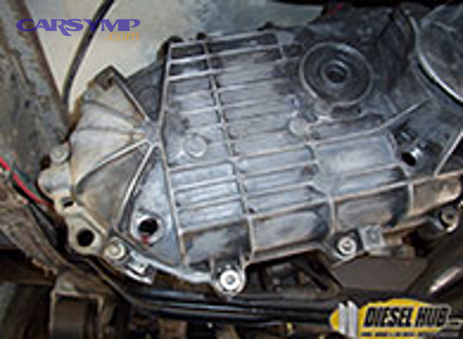 Transfer case shown during service (example view of drivetrain housing)