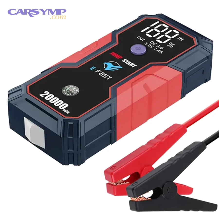 hands connecting jump starter clamps to car battery positive and ground point