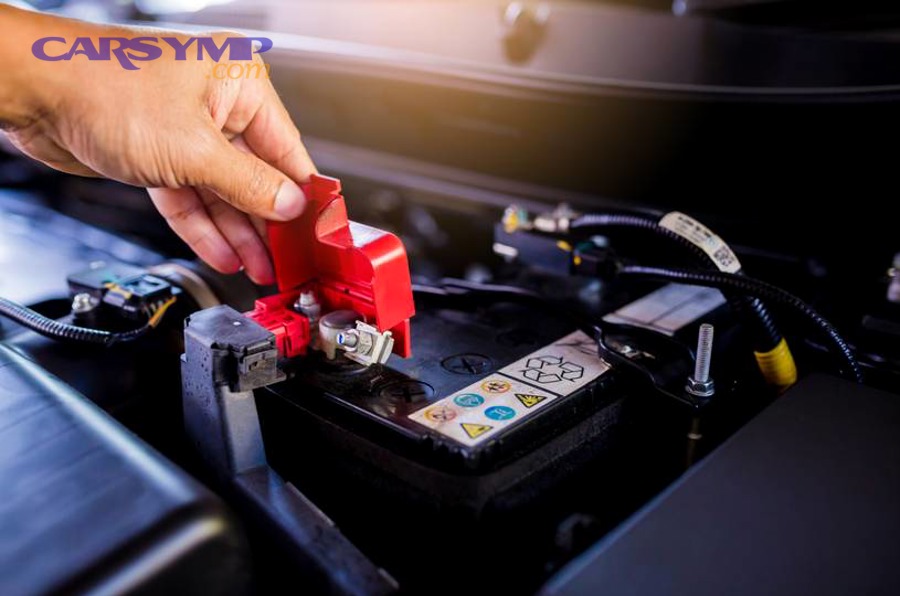 12-volt lead–acid car battery in an engine bay