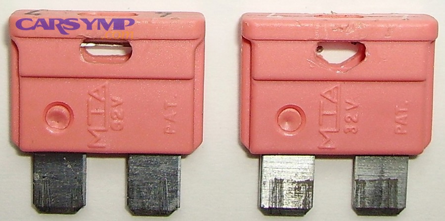 Insert fuses showing an intact fuse and a melted fuse element