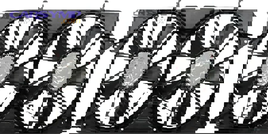 Comparison of OEM and aftermarket radiator fan assemblies showing quality differences