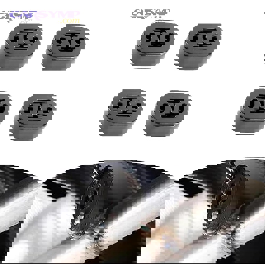 Example of universal rubber exhaust hanger isolators and undercar photo showing exhaust mount location