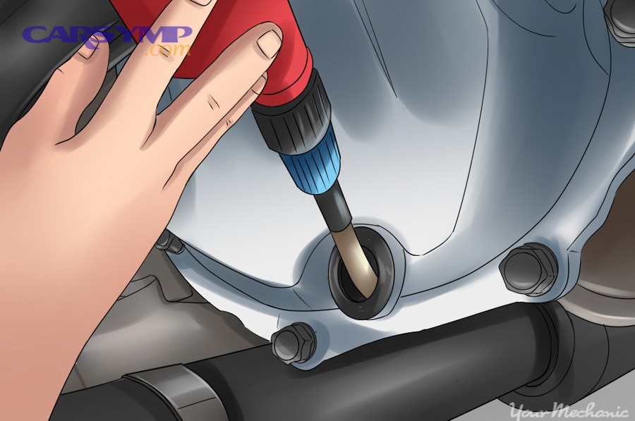 Adding differential fluid carefully through fill plug until it reaches correct level