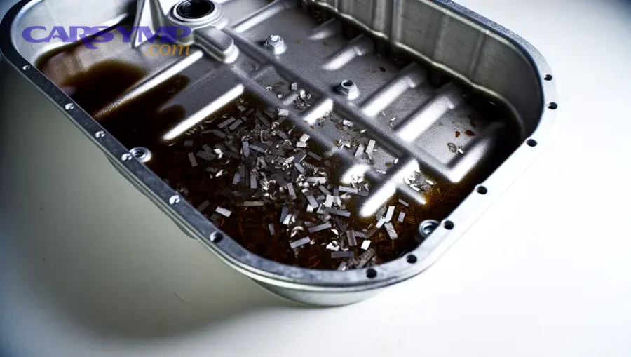 Transmission pan showing metal debris and shavings in fluid