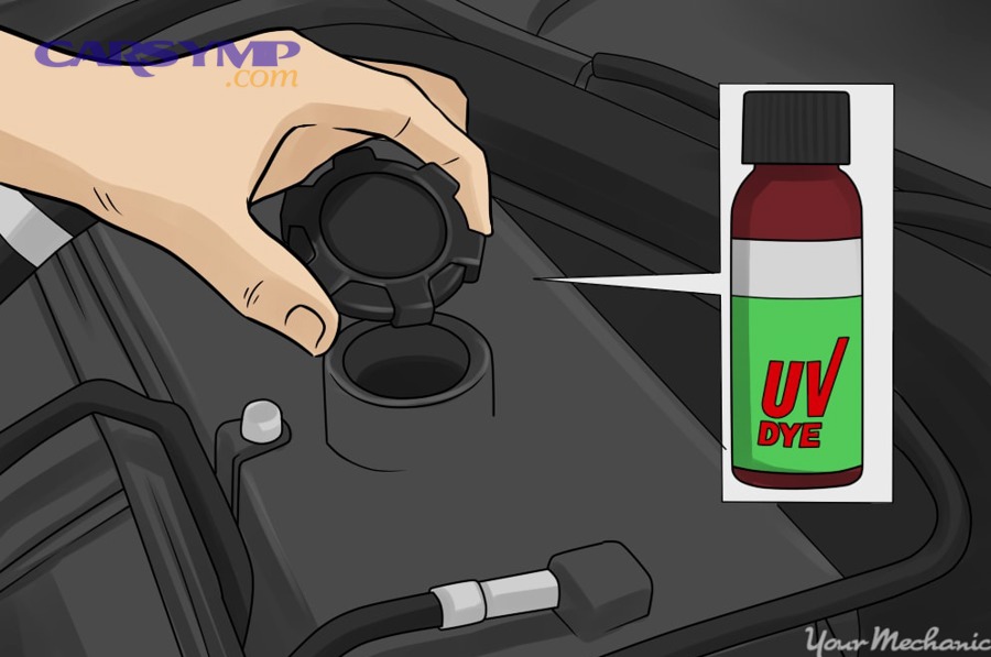 Adding UV dye into the engine oil filler for leak detection