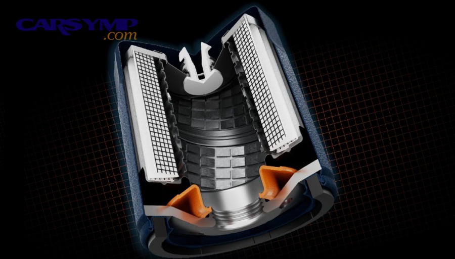 Cutaway illustration of an oil filter showing media, valves, and gasket