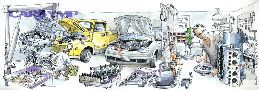 Exterior view of an auto repair shop with cars