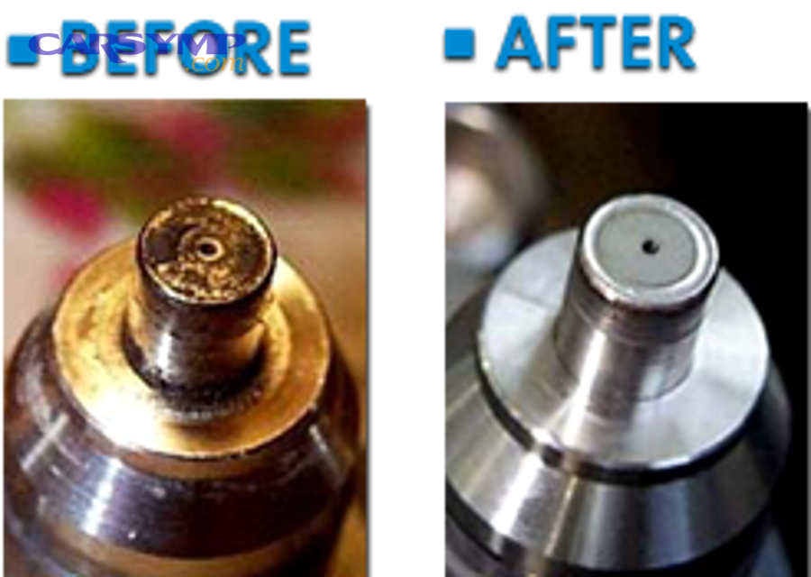 Before and after fuel injector appearance next to ultrasonic cleaner tank