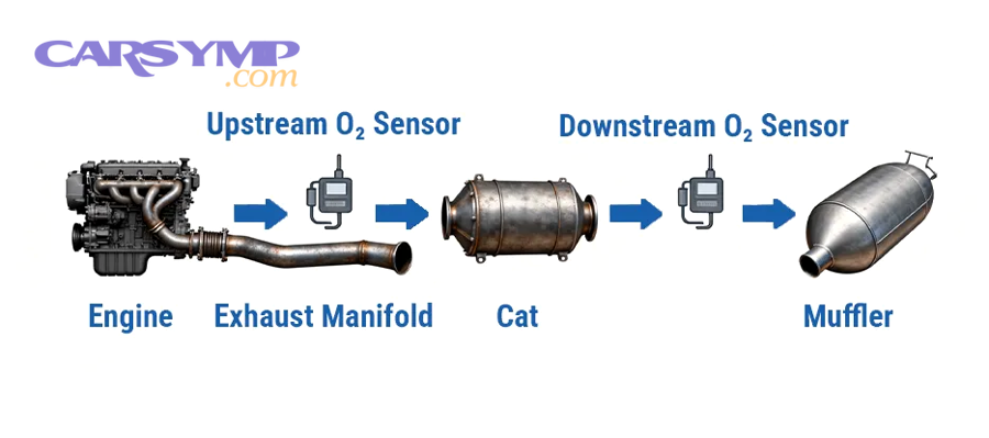 Diagram showing upstream oxygen sensor location near exhaust manifold