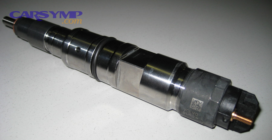 Close-up photo of a common rail fuel injector