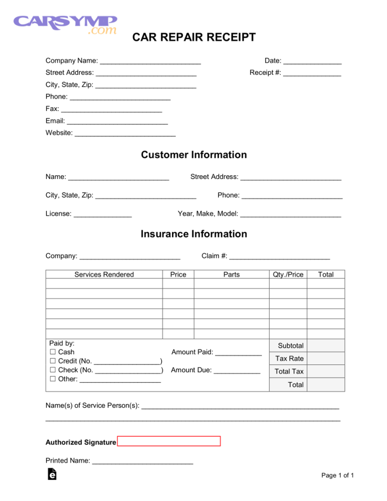 Car Repair Receipt Template