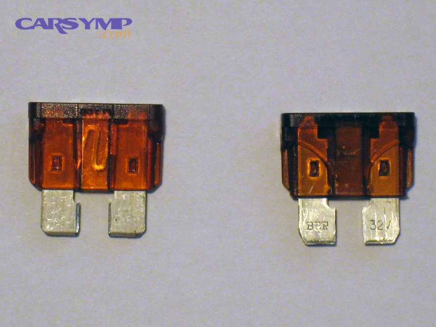 Two automotive blade fuses showing intact and blown elements