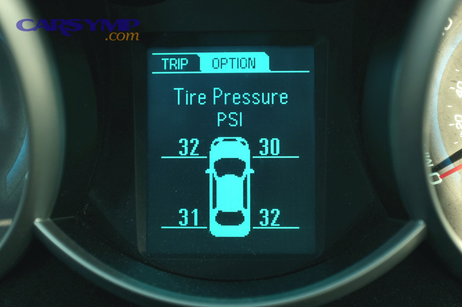 Vehicle display showing individual tire pressures from TPMS system