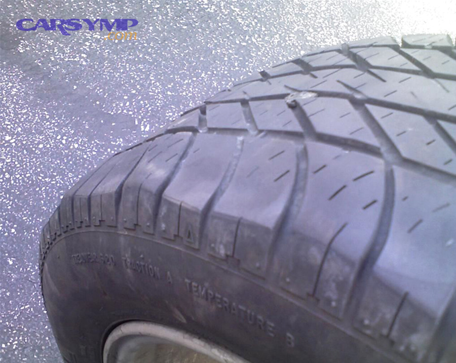 Tire tread pattern showing grooves and blocks that can contribute to road noise when unevenly worn