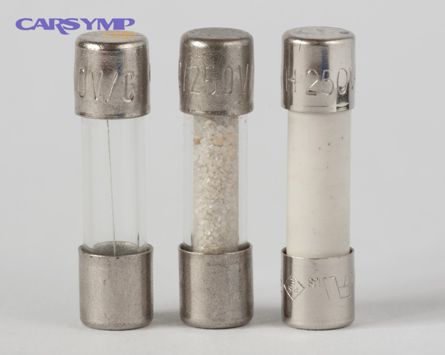 Different types of 5x20 mm cartridge fuses including glass and ceramic