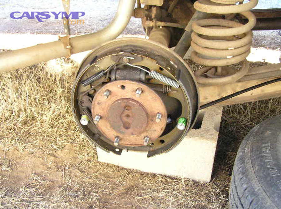Drum brake assembly showing shoes and hardware