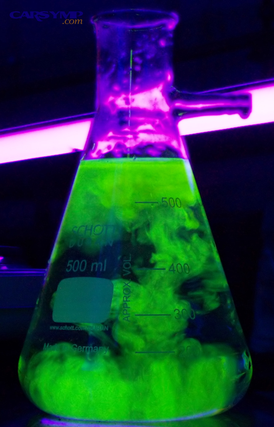 Fluorescein glowing under ultraviolet light similar to UV dye leak detection concept
