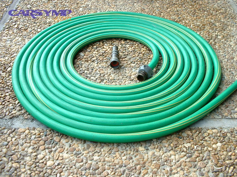 Garden hose illustrating common flexible hose form factor and end fittings