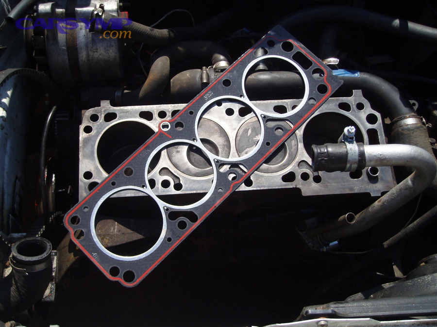 Head gasket sitting on an engine block during repair