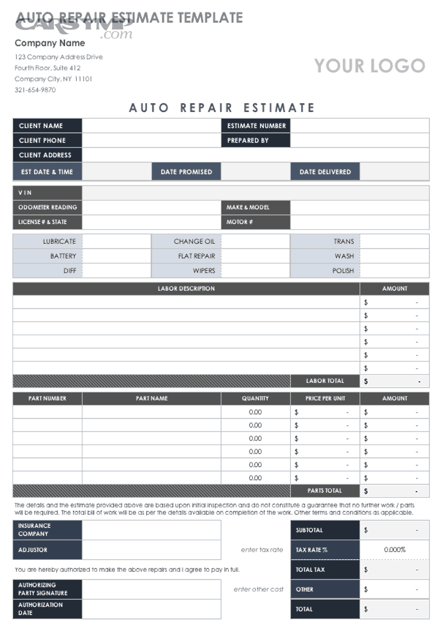 Auto repair estimate template showing labor and parts line items