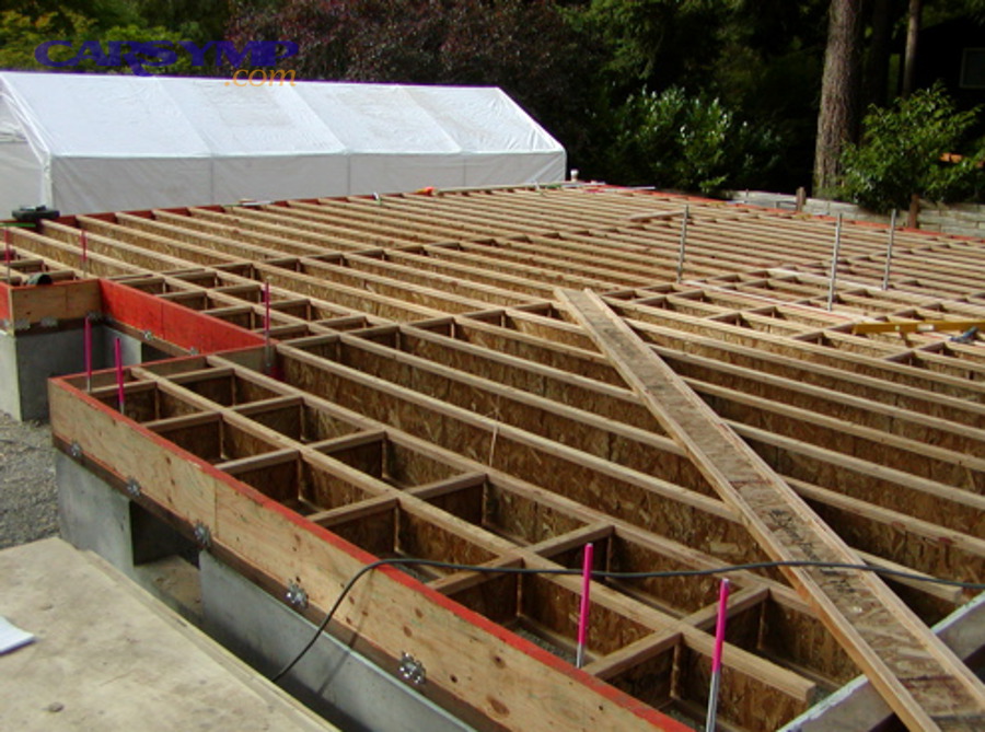 Engineered floor joists framing inside a building under construction