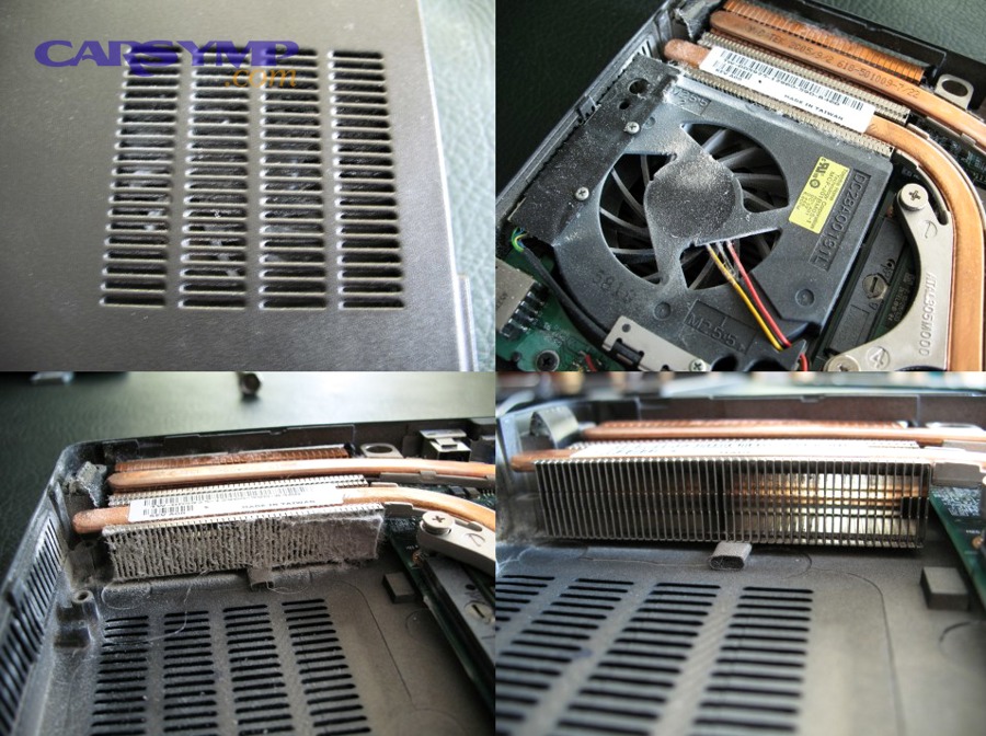 Laptop heatsink and vents clogged with dust buildup that can cause overheating and failure