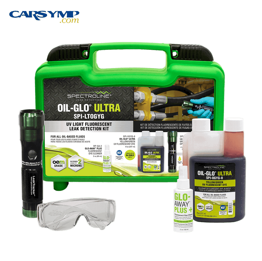 What tools and supplies do you need for a UV dye oil leak test?