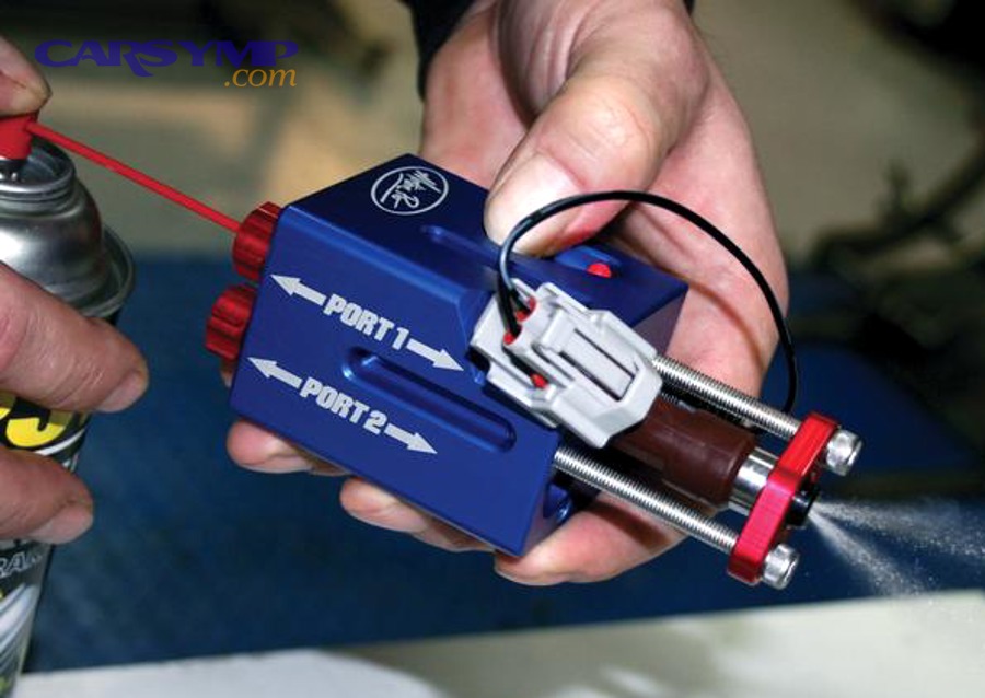 Injector test bench used to measure injector flow and spray pattern