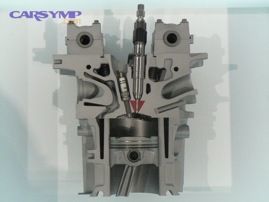 Cutaway engine display showing direct injection fuel injector placement