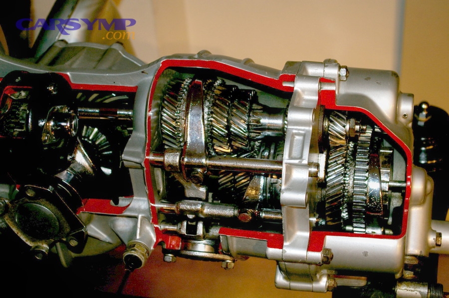 Manual gearbox cutaway showing gears and shafts that can generate whine or grinding noises