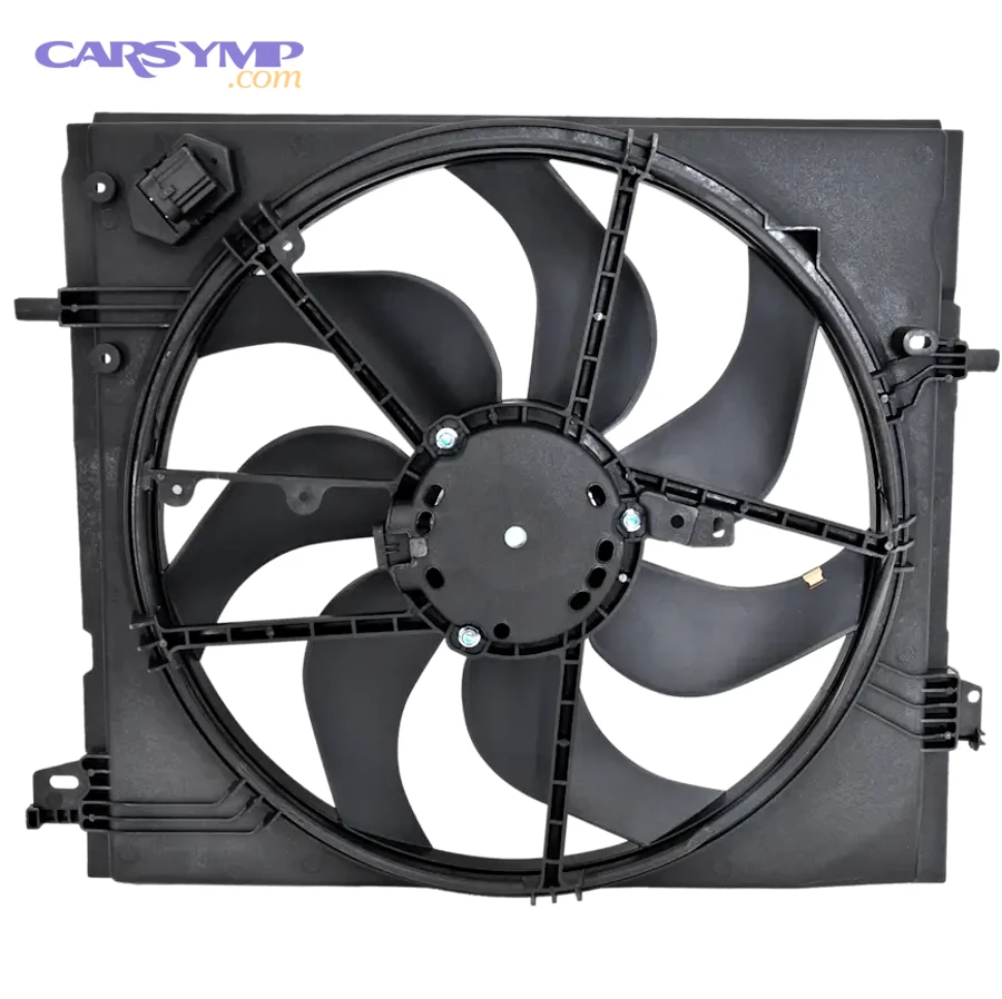 Radiator fan assembly components showing motor, blades, shroud and mounting brackets