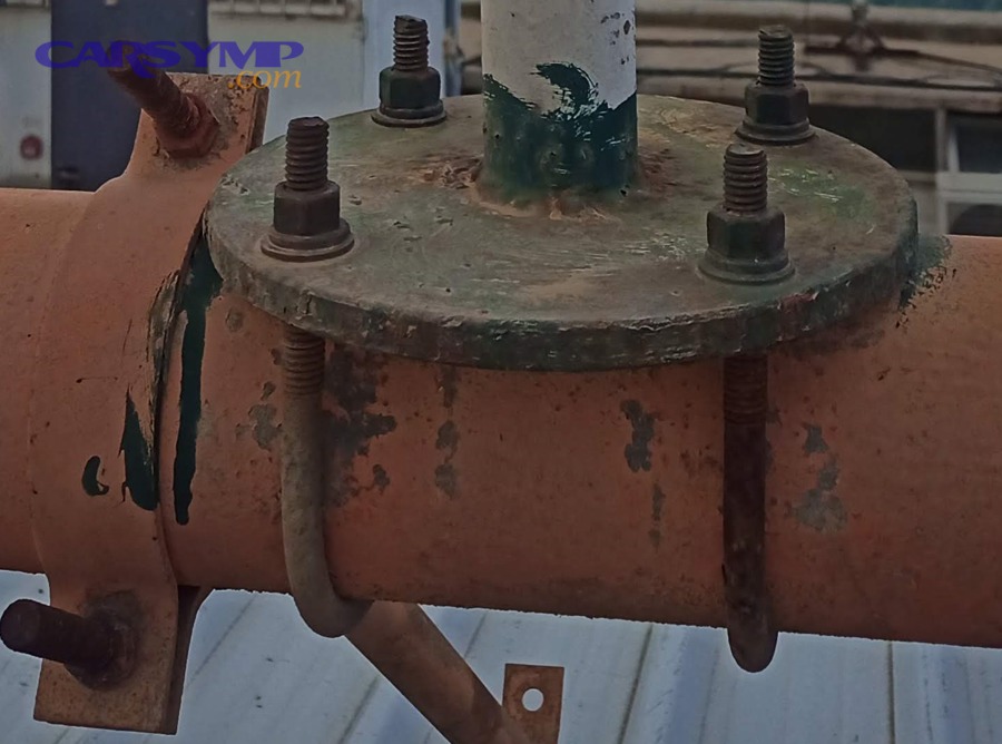 Rusty bolts on a pipe flange showing corrosion at fasteners and joints